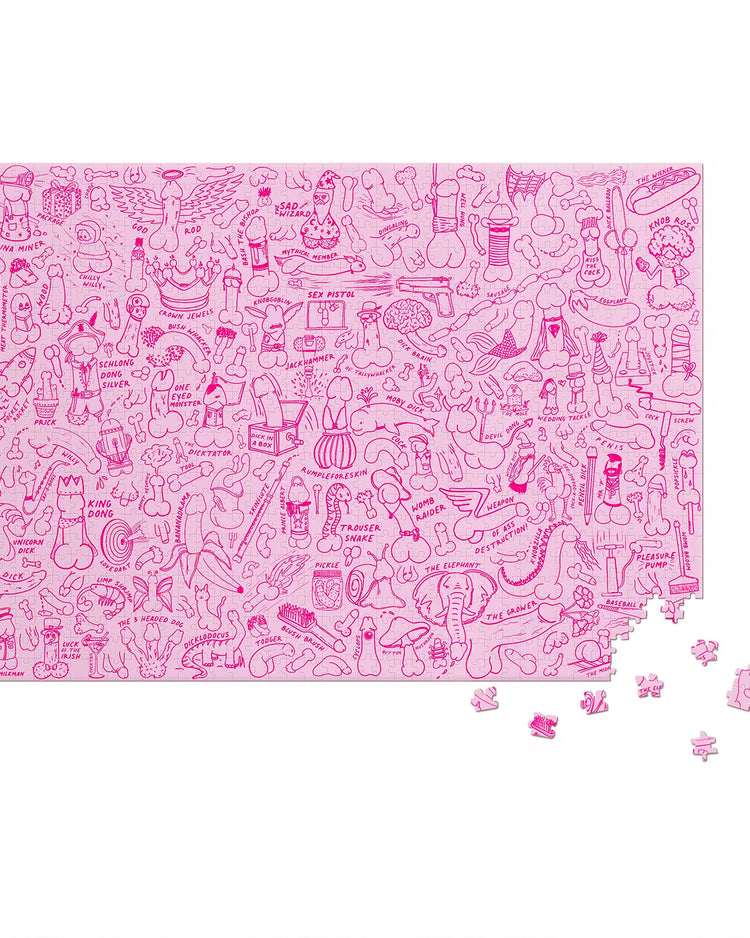 Puzzle humoristique avec des illustrations de pénis variées.