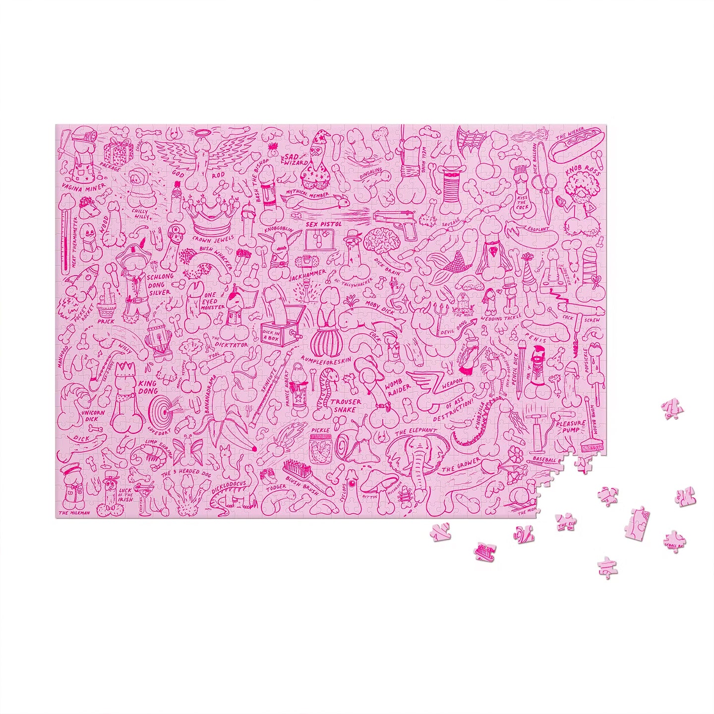 Puzzle humoristique avec des illustrations de pénis variées.