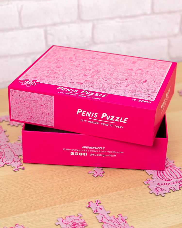 Puzzle humoristique avec illustrations de pénis en gros plan.
