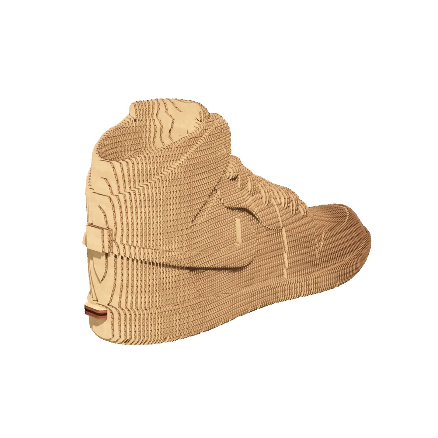 Sculpture en carton DIY de sneakers vue de côté avec détails colorés.