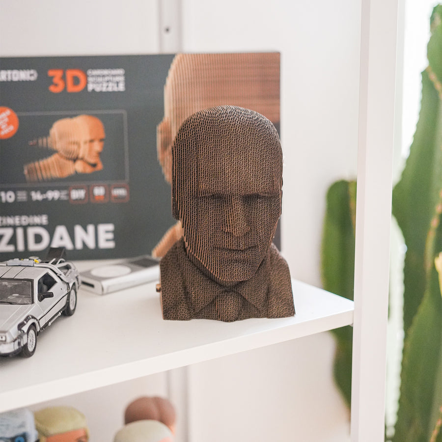 Sculpture en carton de Zidane, vue de face avec détails du visage.
