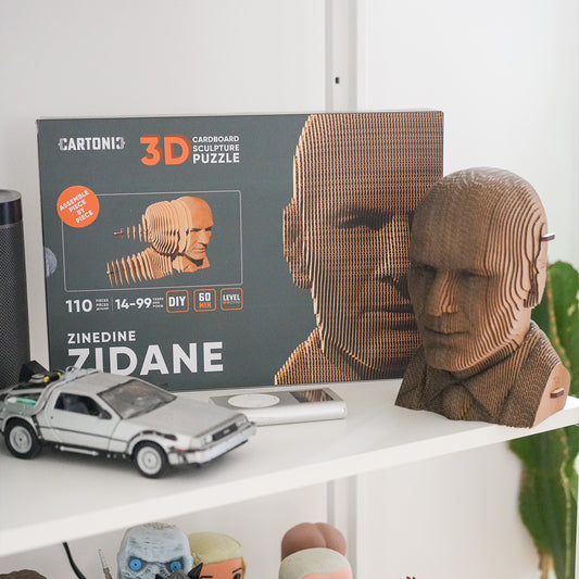 Sculpture en carton de Zidane, vue de face avec détails du visage.