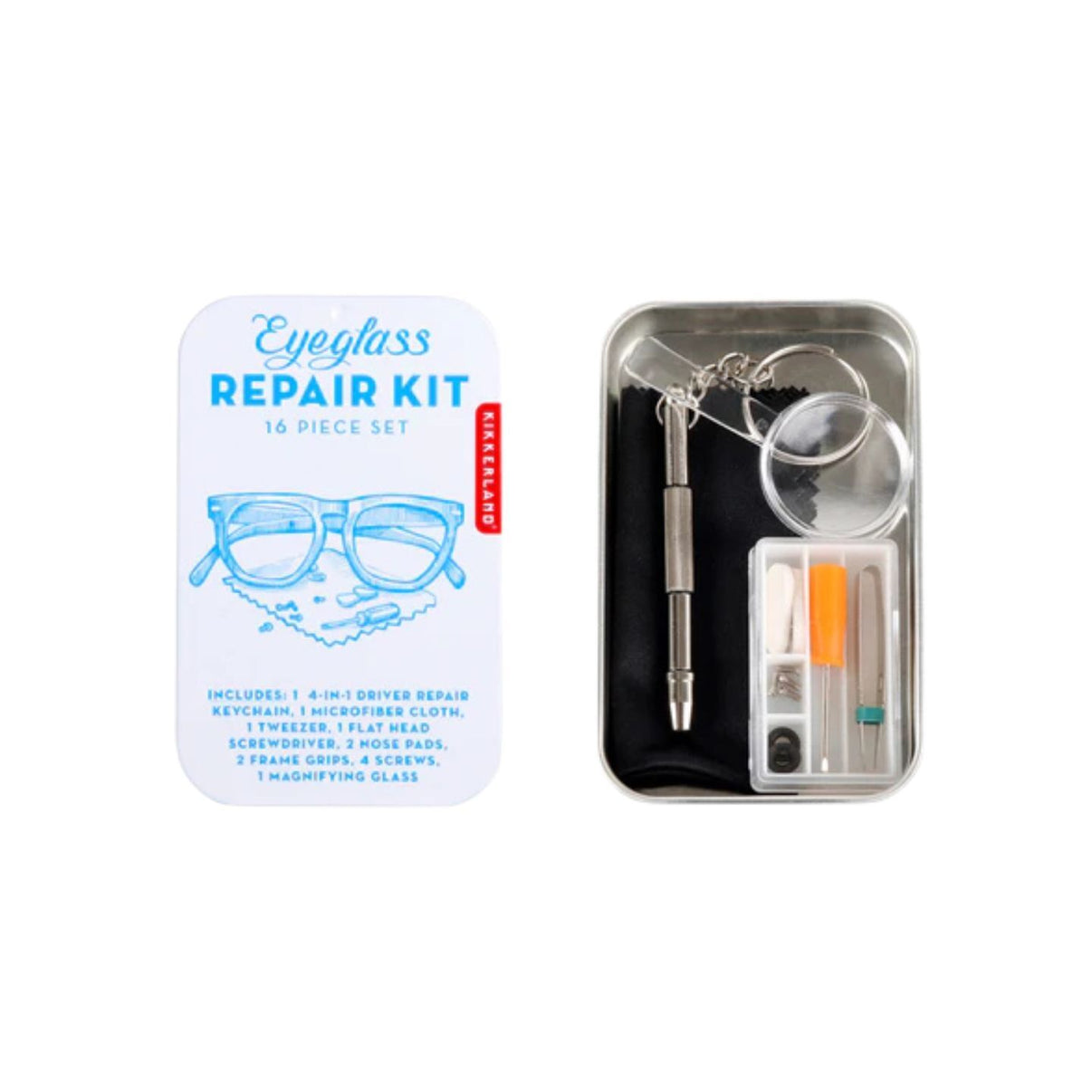 Kit de réparation pour lunettes avec outils variés sur fond neutre