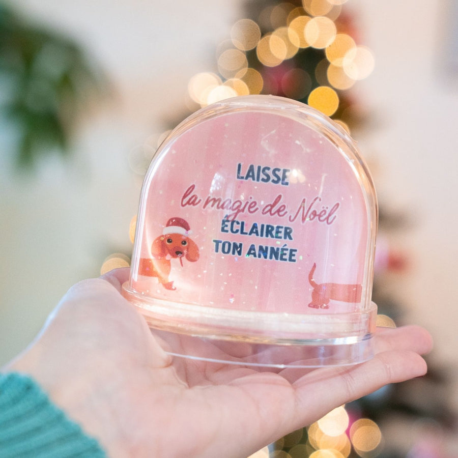 Boule à neige avec teckel en bonnet de Noël, vue de côté