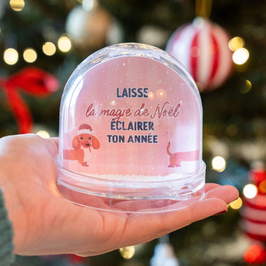 Boule à neige avec teckel en bonnet de Noël, vue de côté