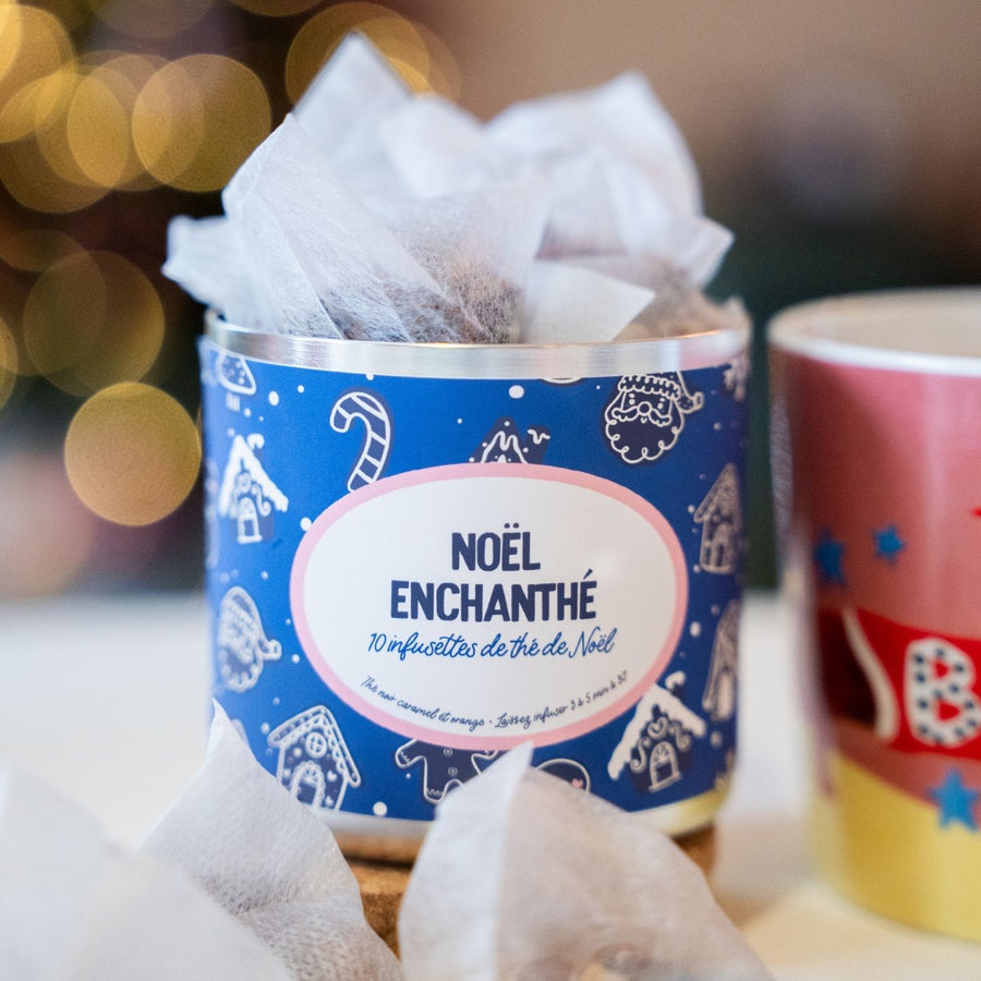 Boîte de thé Noël Enchanthé avec motifs festifs et dorés