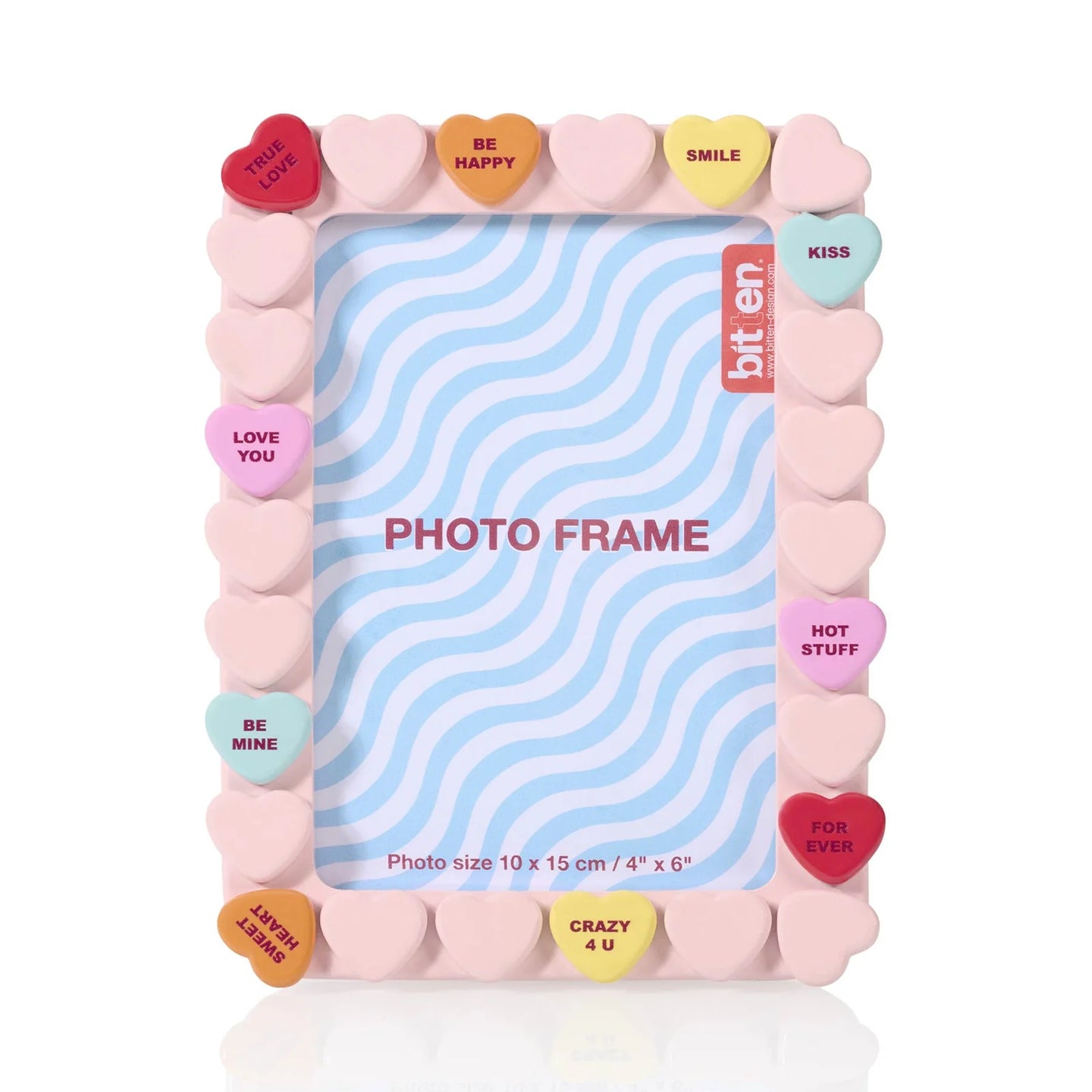 Cadre photo XOXO avec motifs de cœurs colorés et messages doux
