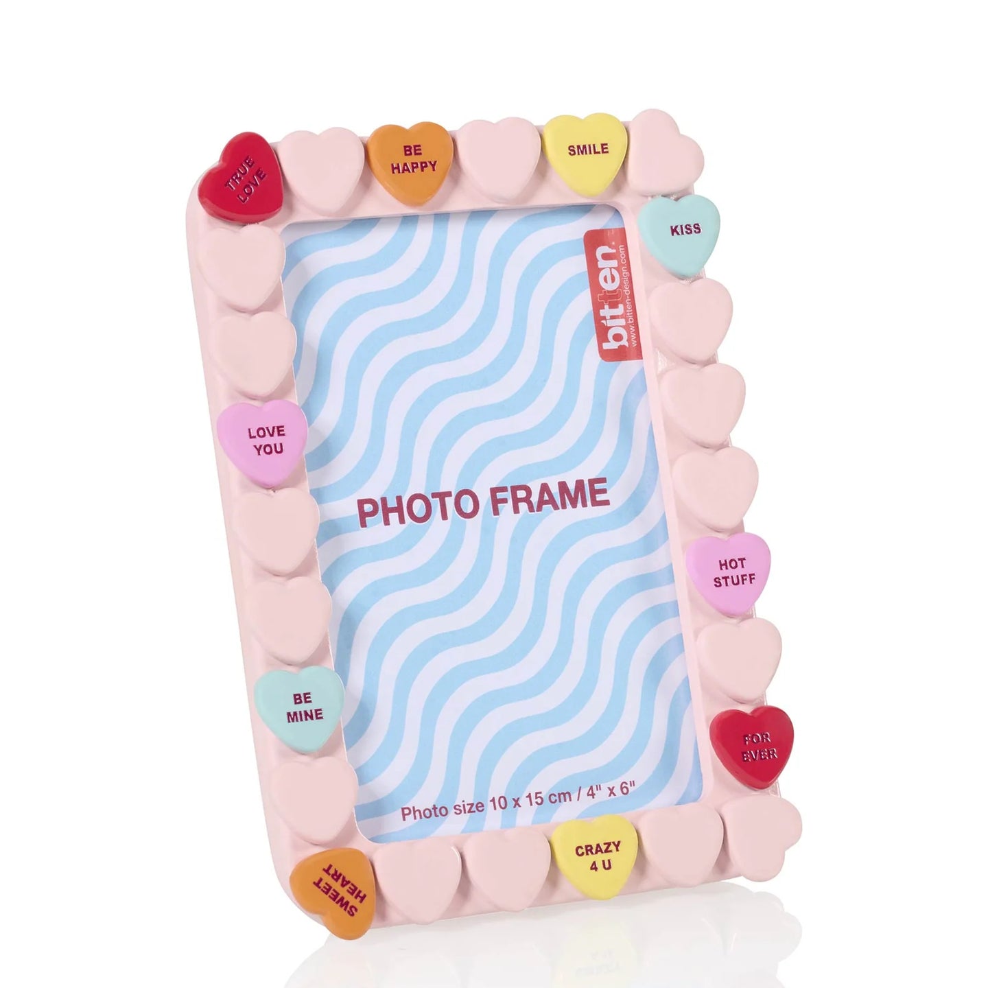 Cadre photo XOXO avec motifs de cœurs colorés et messages doux