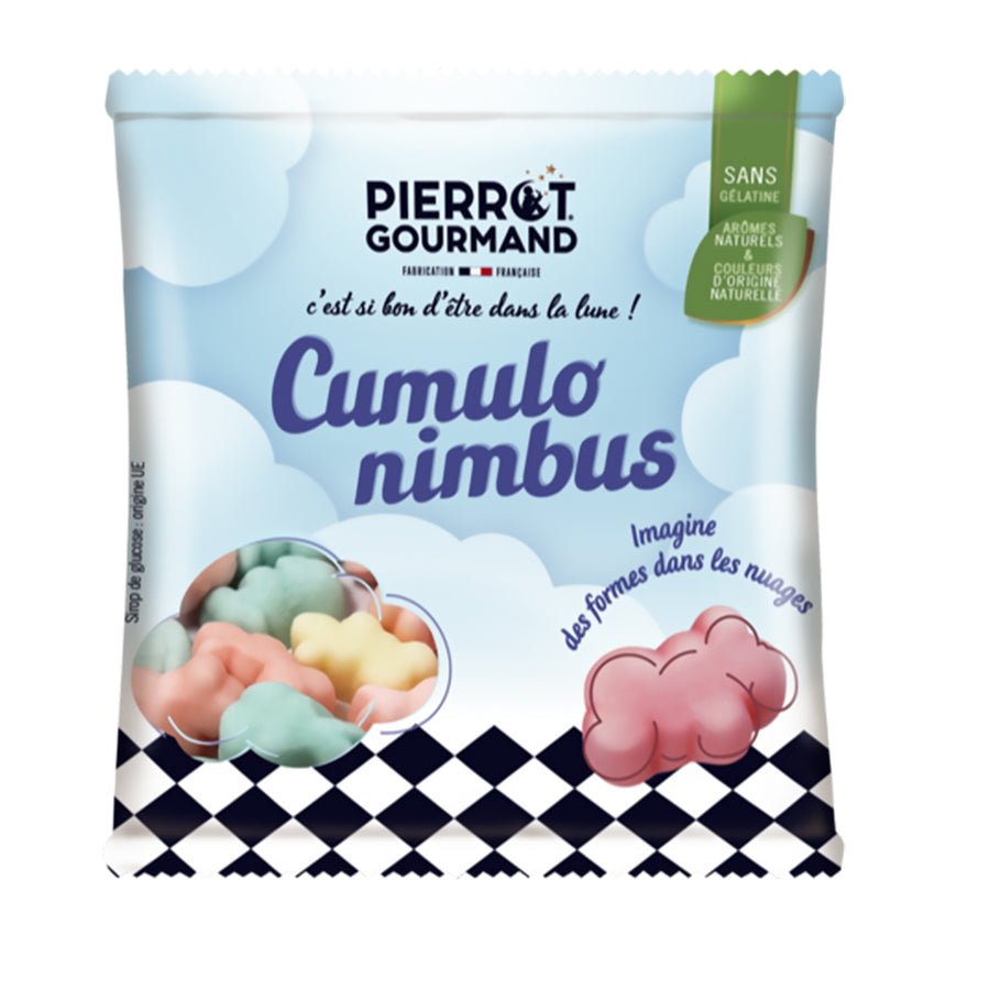 Sachet de guimauves nuage pastel, décoré d’un motif à damier noir et blanc
