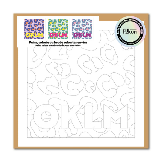 Carte à colorier avec inscription 'OKLM' et motifs ludiques