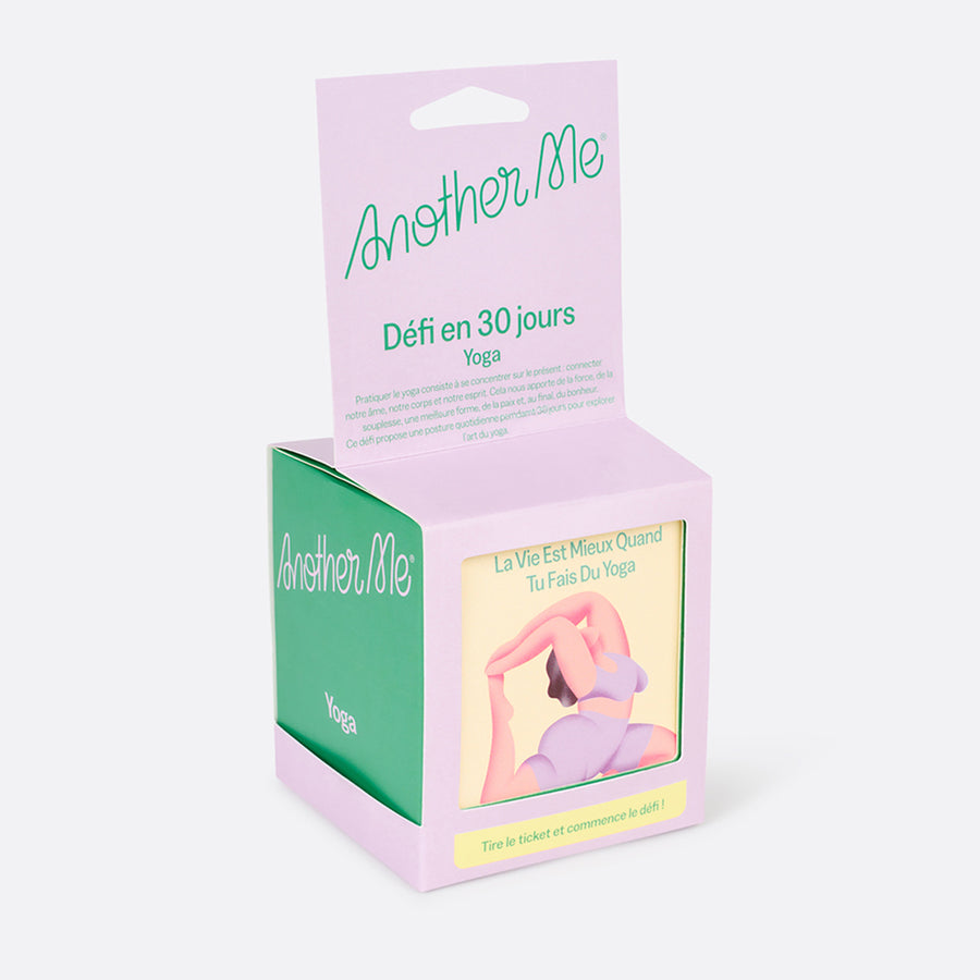 Illustration colorée de défis yoga avec motifs variés.