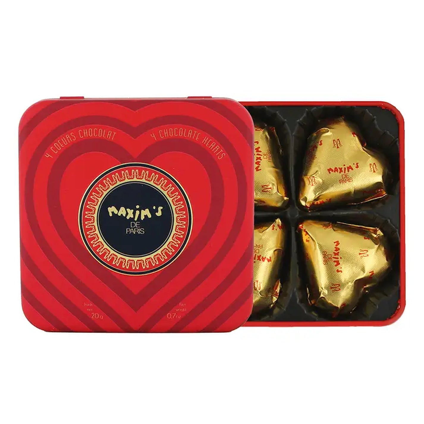 Coffret de 4 coeurs en chocolat au lait dans une boîte métallique