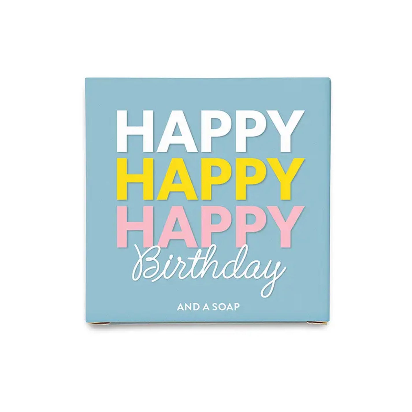 Savon avec inscription Joyeux anniversaire sur fond blanc