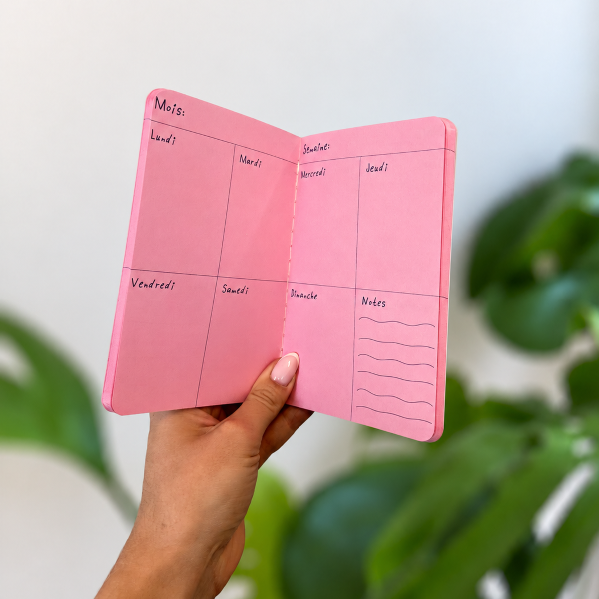 Agenda rose ouvert sur une semaine, avec cases quotidiennes et espace notes