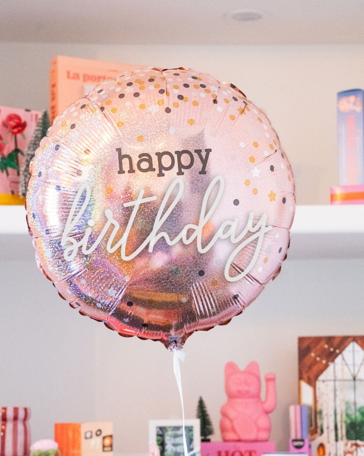 Ballon rose à paillettes avec inscription Joyeux Anniversaire