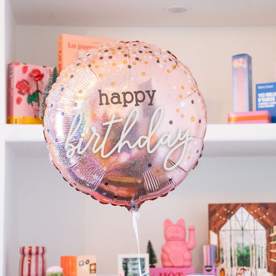 Ballon rose à paillettes avec inscription Joyeux Anniversaire