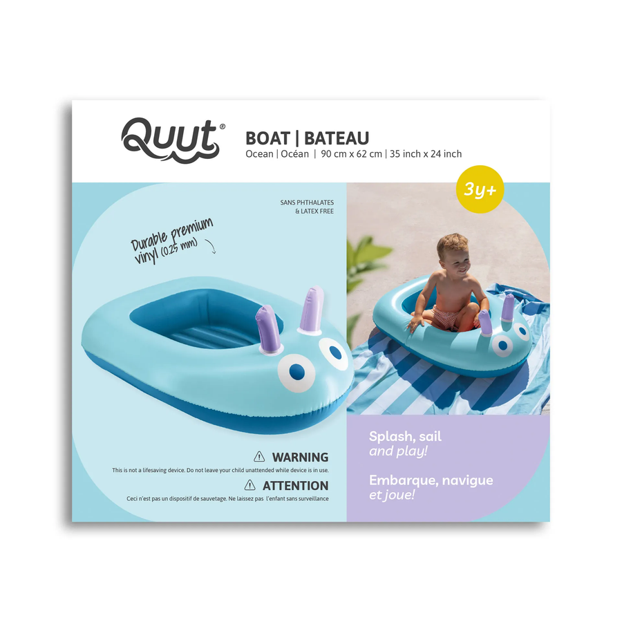 Bouée bateau avec poignées et regard curieux, vue de côté.