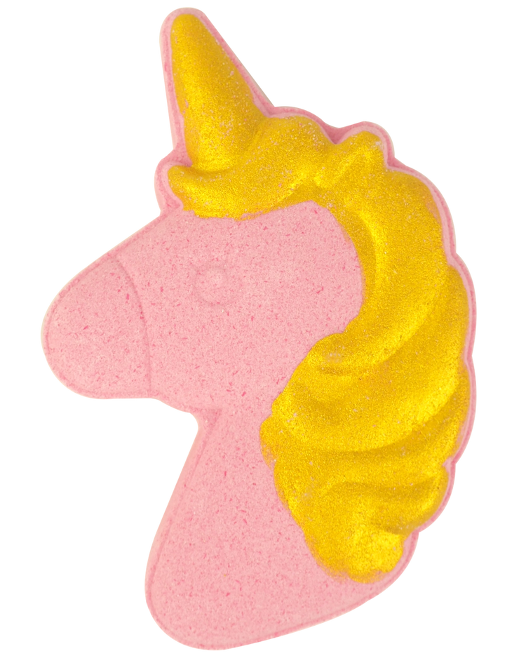 Bombe de bain Licorne avec des reflets dorés et rose vif.