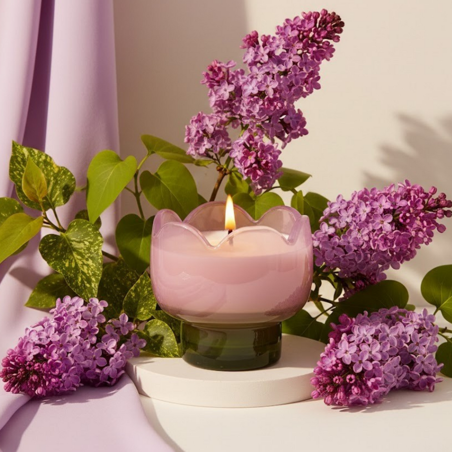Bougie tulipe lila avec texture délicate et parfum gardenia