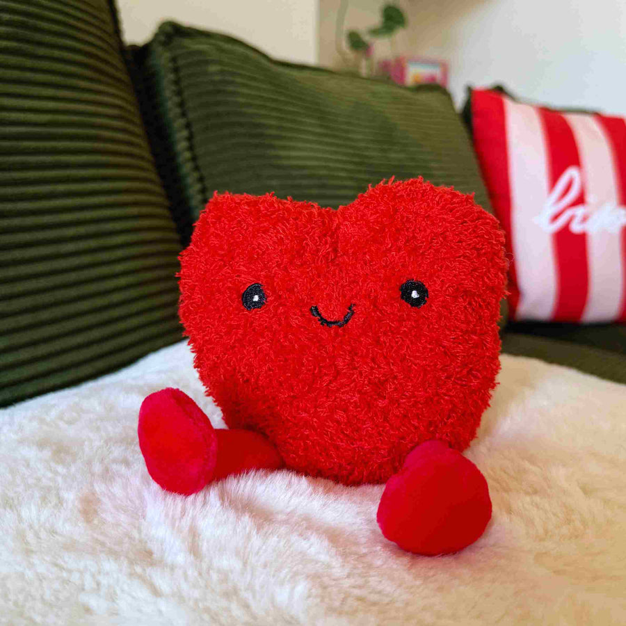 Bouillotte en forme de cœur avec pattes douces et regard affectueux.