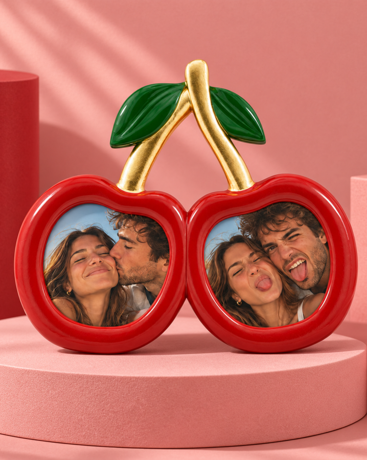 Cadre photo en forme de cerise avec texture brillante