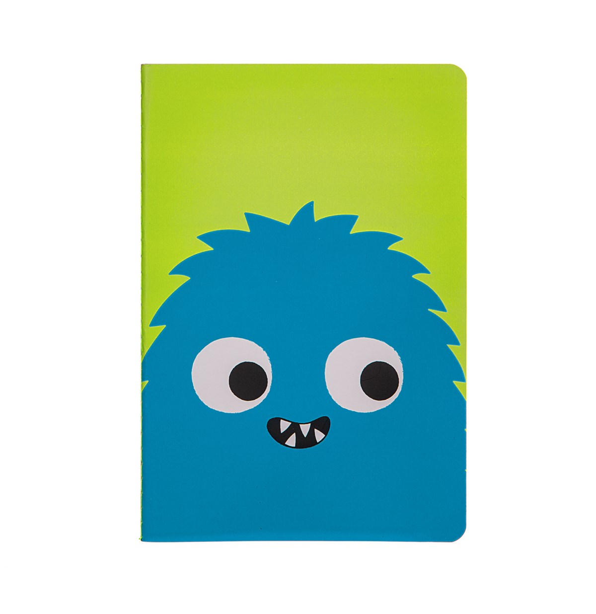 Carnet avec grands yeux et dents pointues, design ludique.