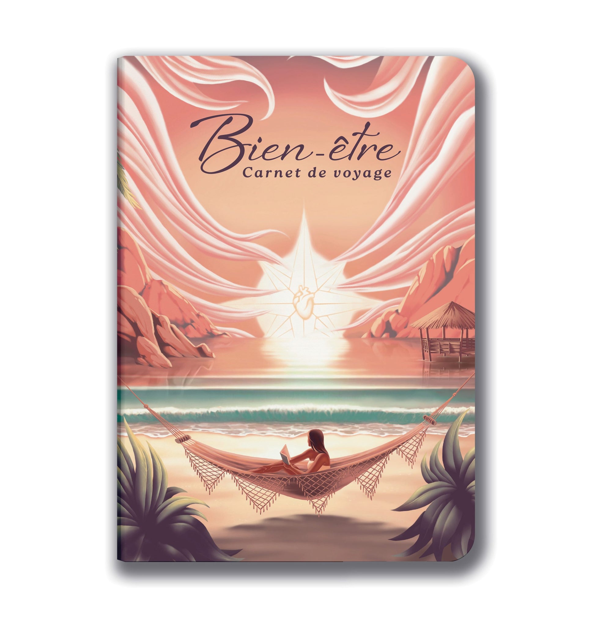 Carnet de bien-être avec motif de hamac et coucher de soleil.