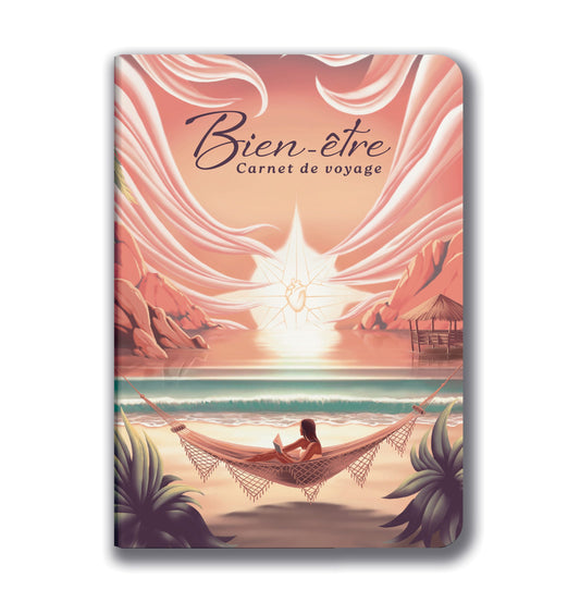 Carnet de bien-être avec motif de hamac et coucher de soleil.