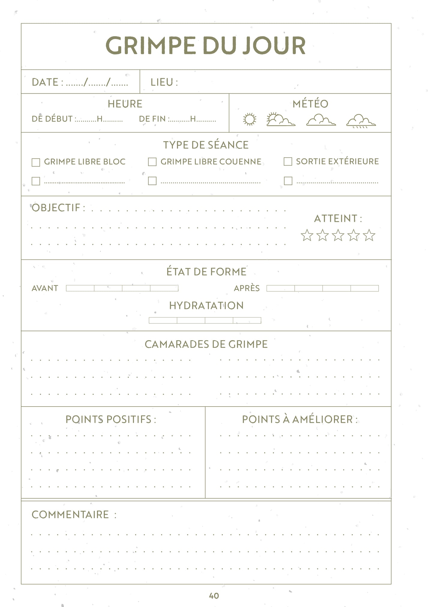 Carnet d'escalade ouvert, pages blanches et couverture texturée.