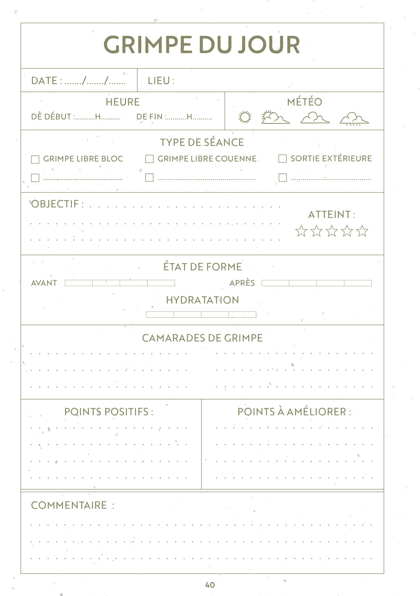 Carnet d'escalade ouvert, pages blanches et couverture texturée.