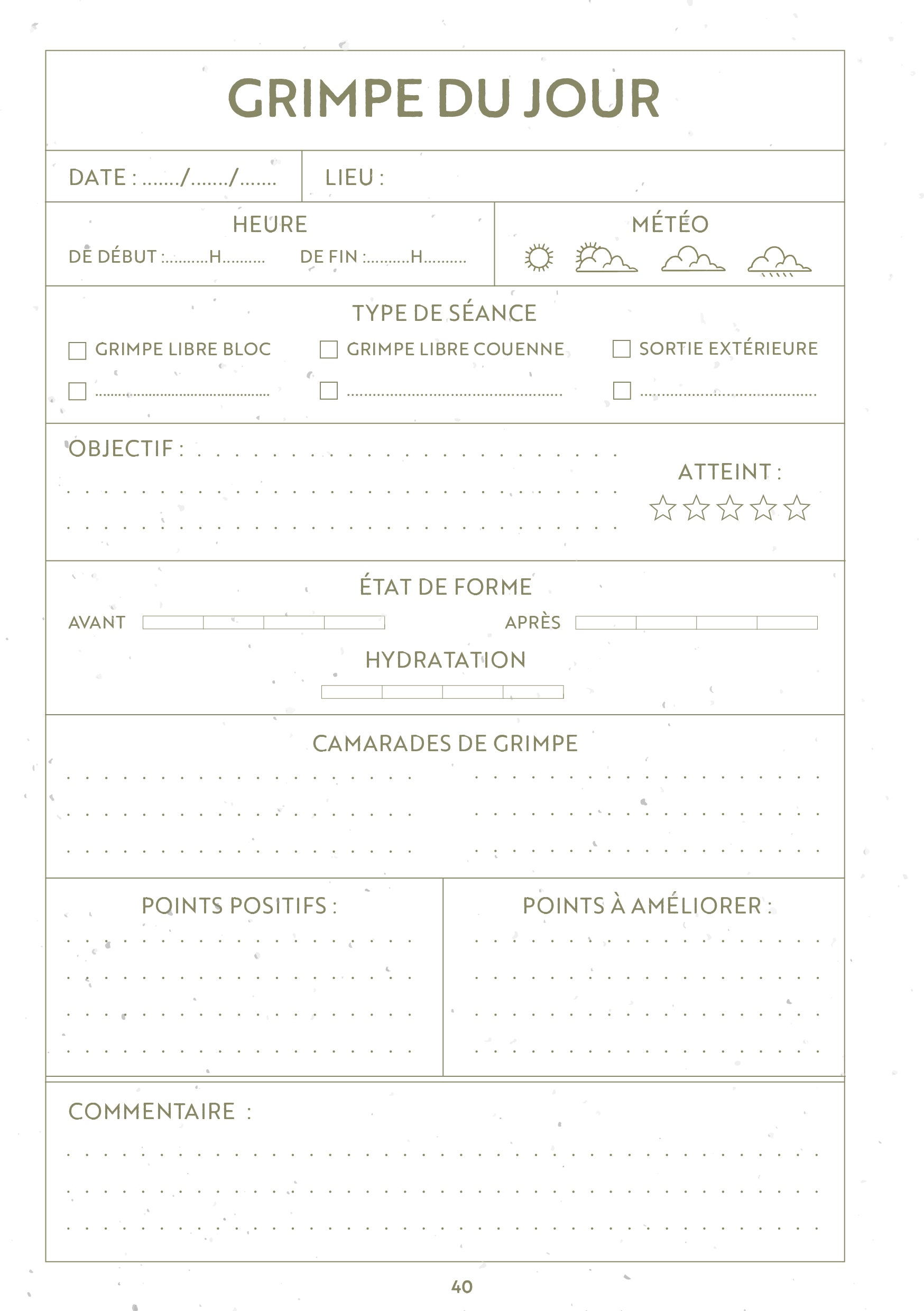 Carnet d'escalade ouvert, pages blanches et couverture texturée.