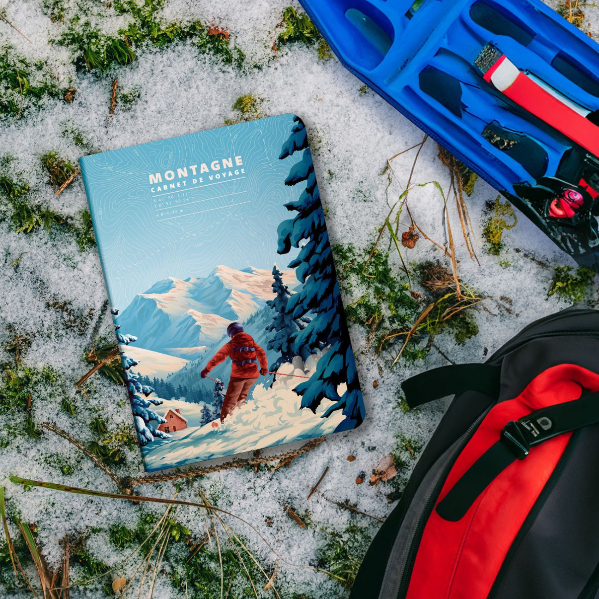 Carnet Montagne en Hiver avec motif de sommets enneigés