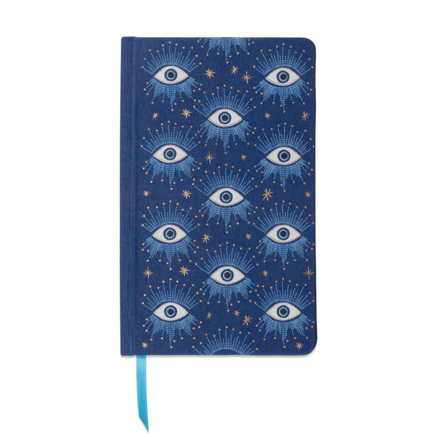 Carnet avec des yeux imprimés sur la couverture, design ludique.