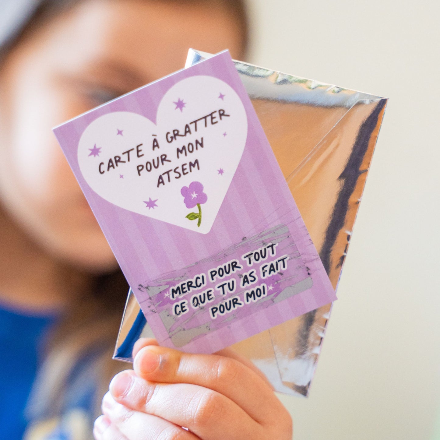 Carte à gratter avec message caché pour Atsem, design coloré