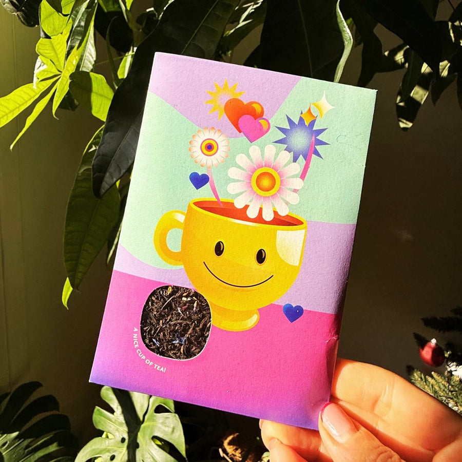 Carte thé Smiley avec motifs joyeux et couleurs vives