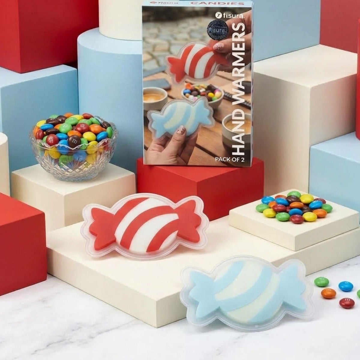 Chauffe-mains en forme de bonbons géants, vue de face