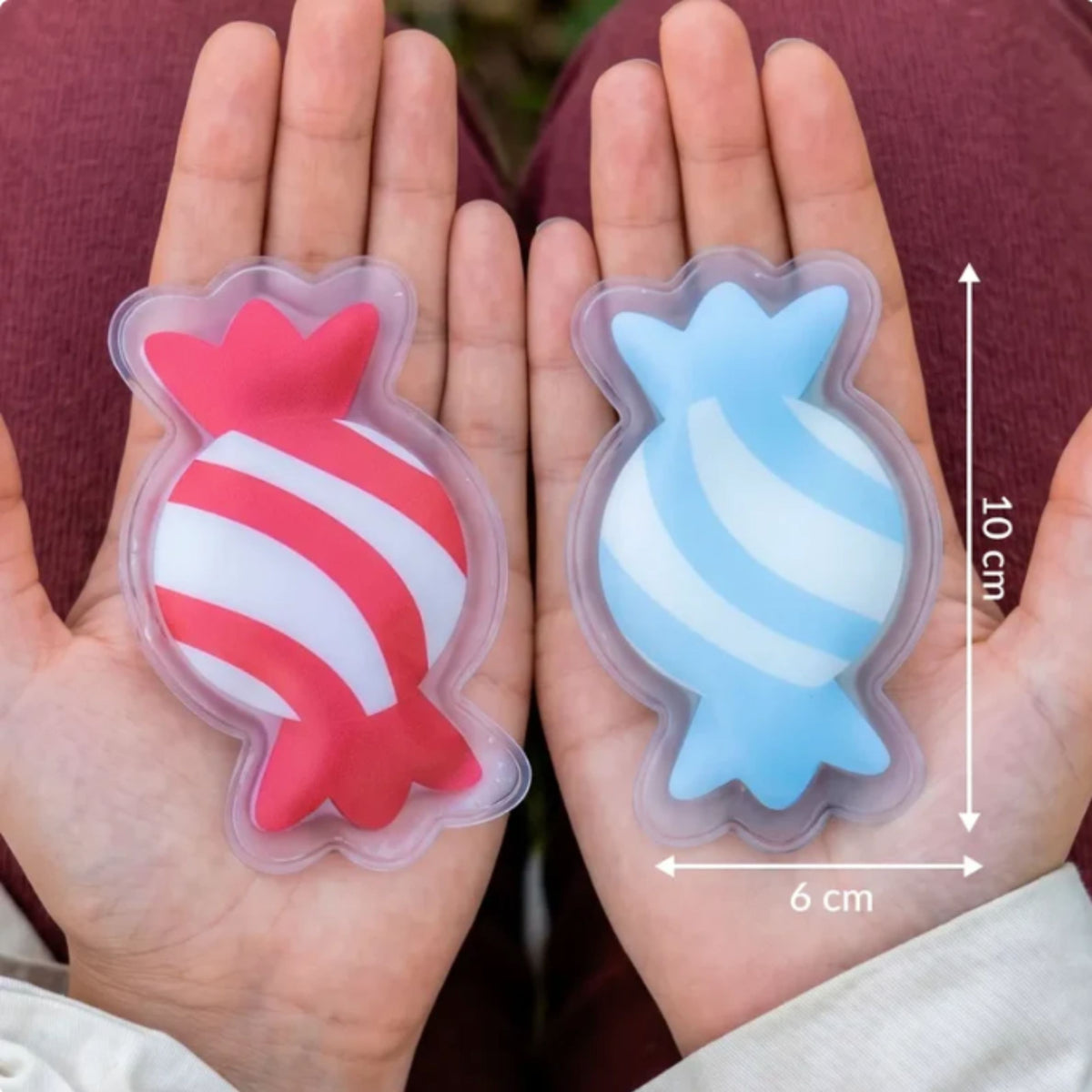 Chauffe-mains en forme de bonbons géants, vue de face