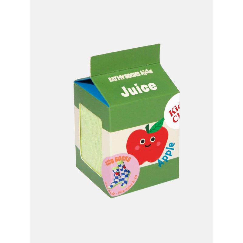 Chaussettes colorées en forme de briquette de jus de pomme.