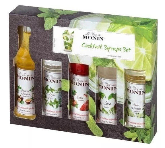 Coffret de 5 sirops pour cocktails avec bouteilles colorées