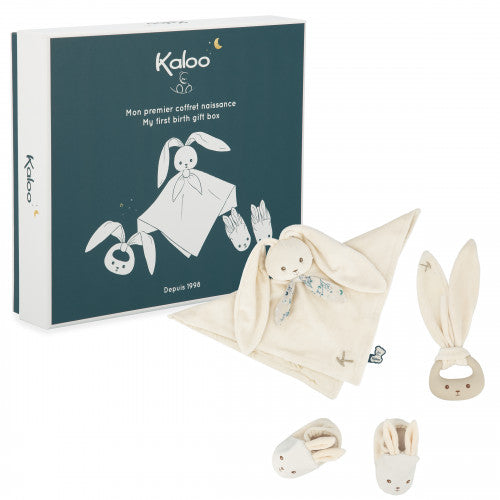 Coffret de naissance avec doudou lapin et chaussons doux