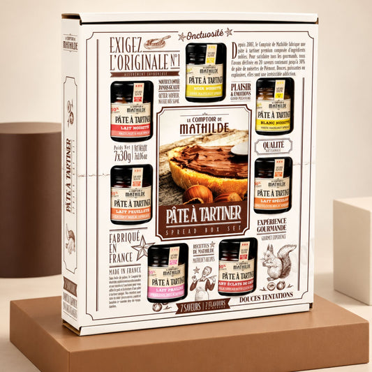 Coffret de 7 mini pâtes à tartiner colorées en présentation