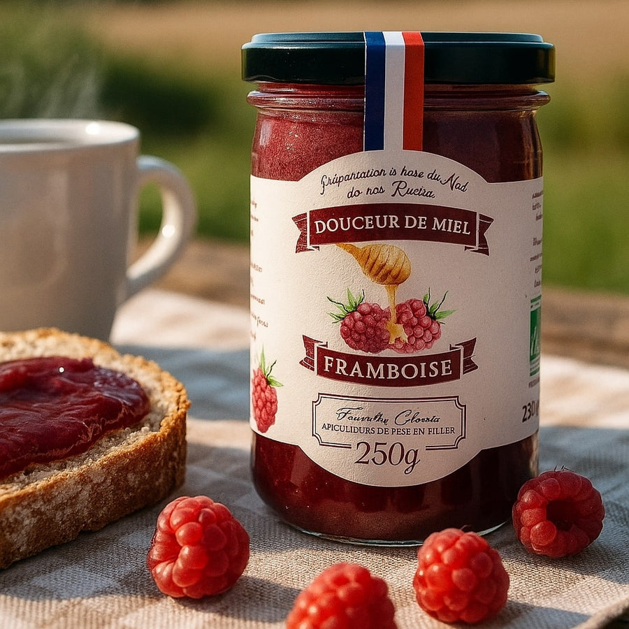 Pot de miel et framboise bio avec texture dorée et fruits visibles.