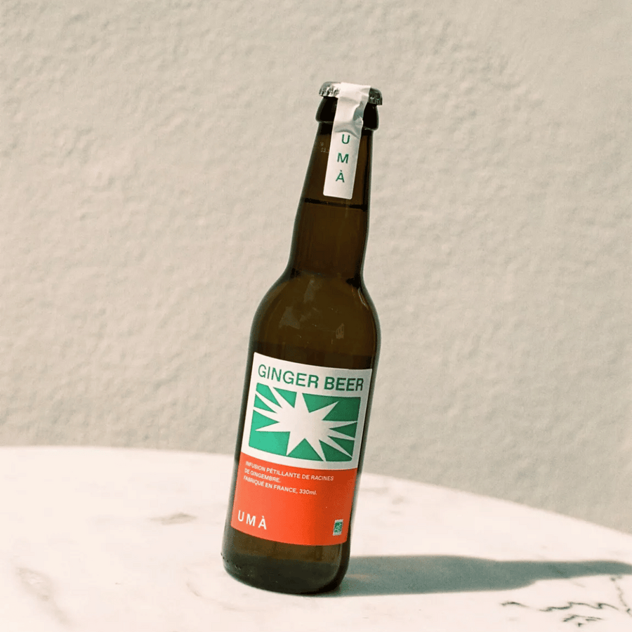 Bouteille de ginger beer bio avec étiquette colorée et design moderne.