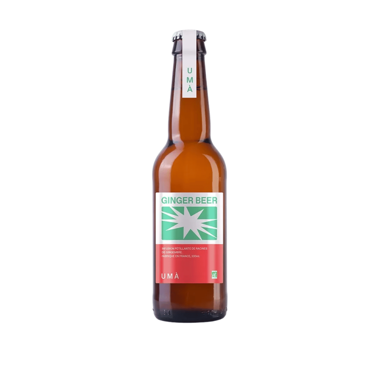 Bouteille de ginger beer bio avec étiquette colorée et design moderne.