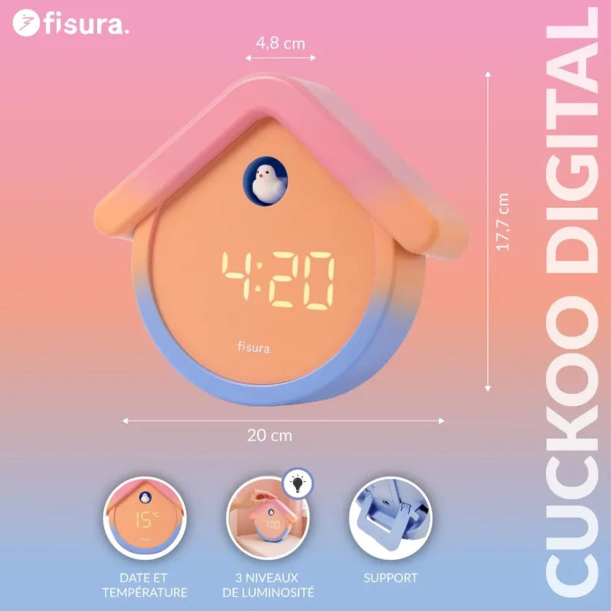 Réveil oiseau avec un design ludique et des détails colorés