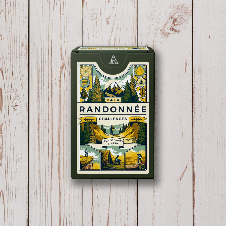 Jeu de cartes avec illustrations de défis en randonnée.