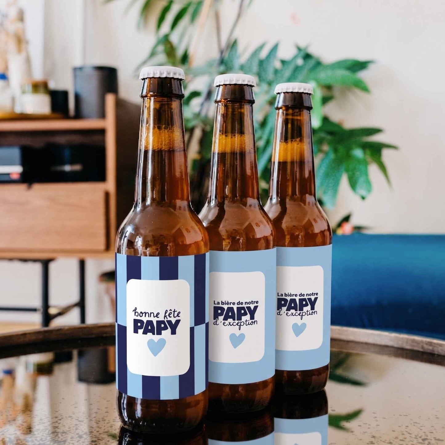 Bière 'Bonne fête papy' avec étiquette festive et dorée