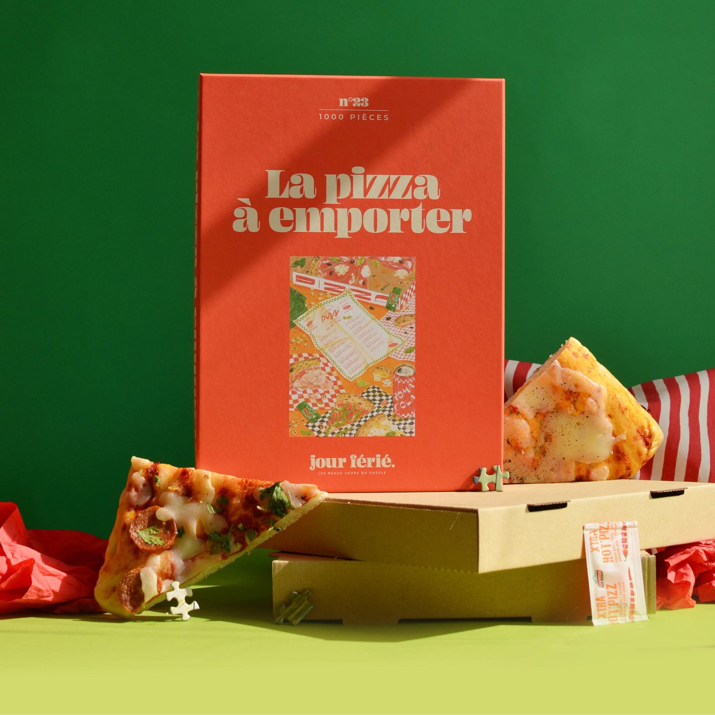 Puzzle représentant une pizza à emporter avec des détails colorés.