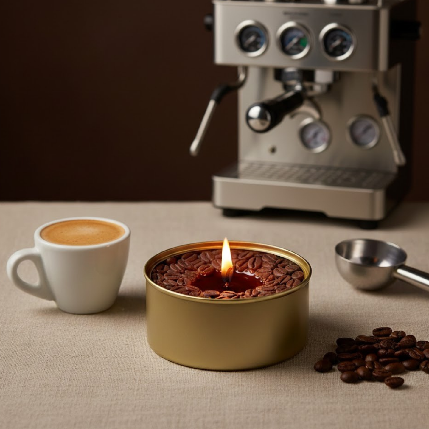 Bougie trompe l'œil en forme de tasse de café sur table en bois