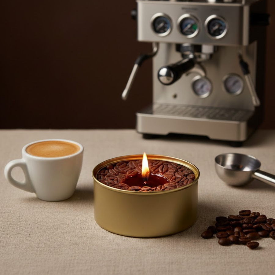 Bougie trompe l'œil en forme de tasse de café sur table en bois